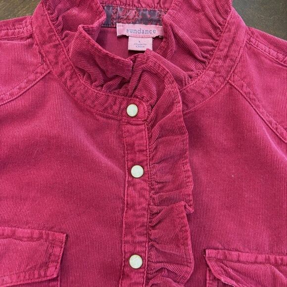 Sundance Burgundy Fine Corduroy Ruffle Front Pearl Snap Shirt Sz L Western Boho - Picture 4 of 8